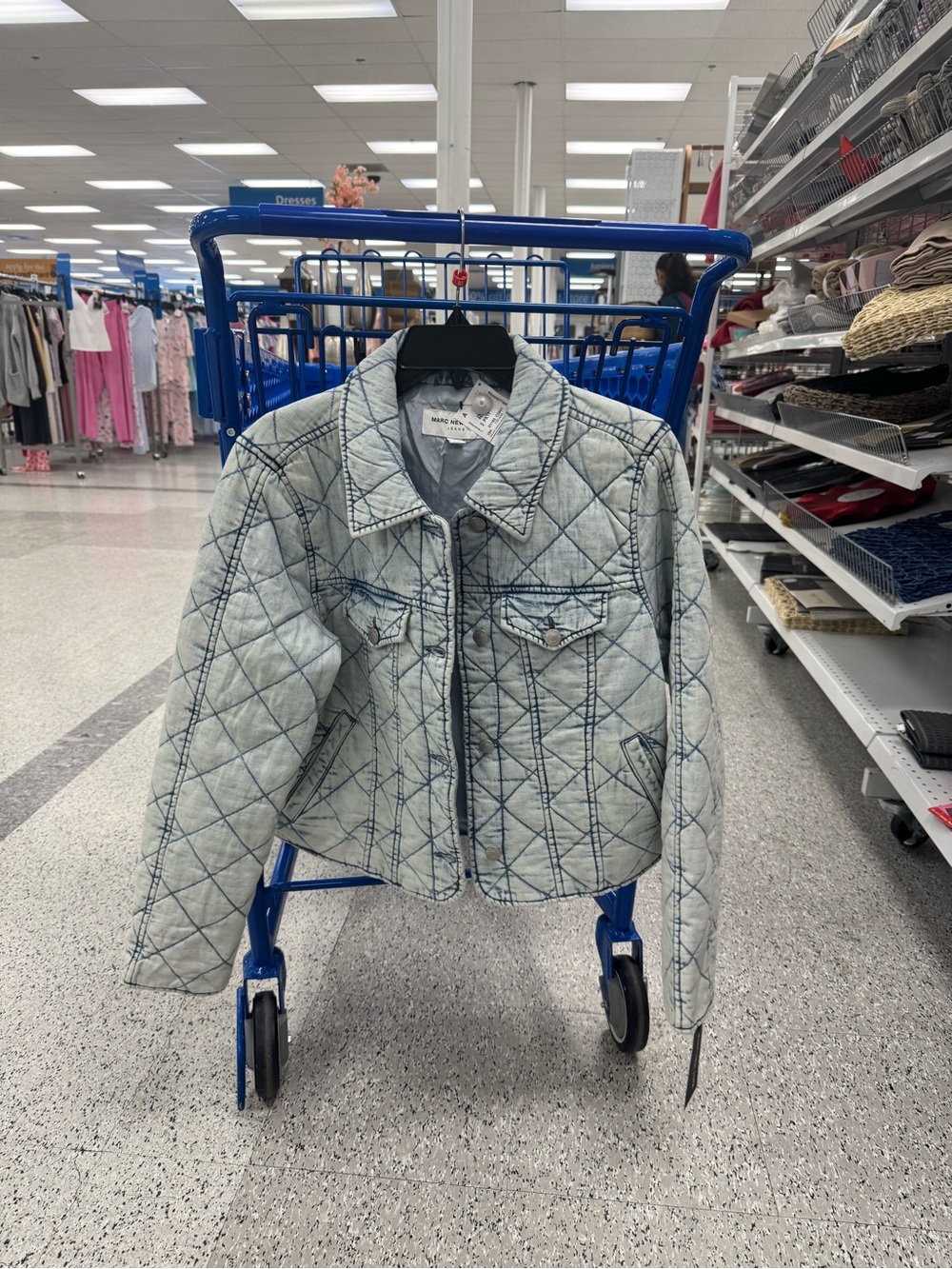 Quilted Light Wash Denim Jacket - Light Blue